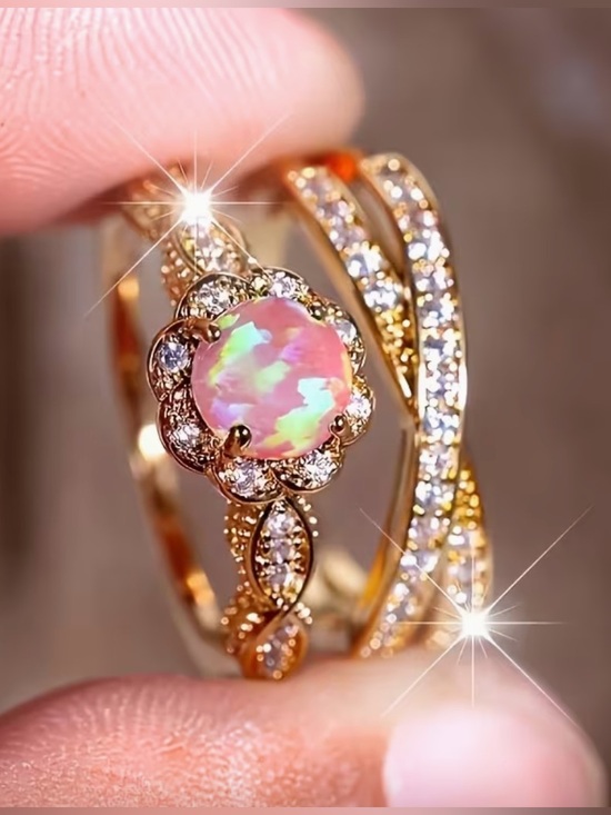 Zara Jewelry - Gold Opal Floral Halo Pink Ring.